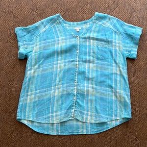 J. Jill Aqua Plaid Short-Sleeve Button-Down Shirt